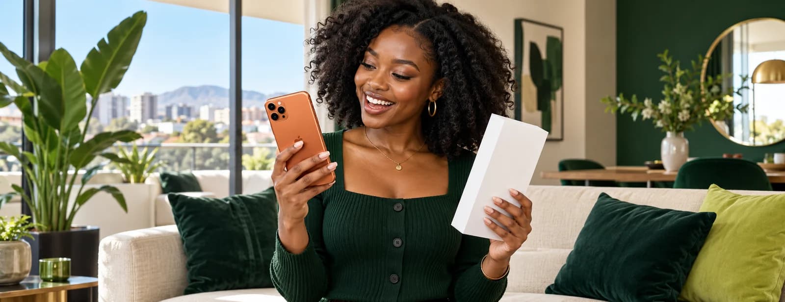 Campaign image: a smiling woman holding an orange phone and its packaging